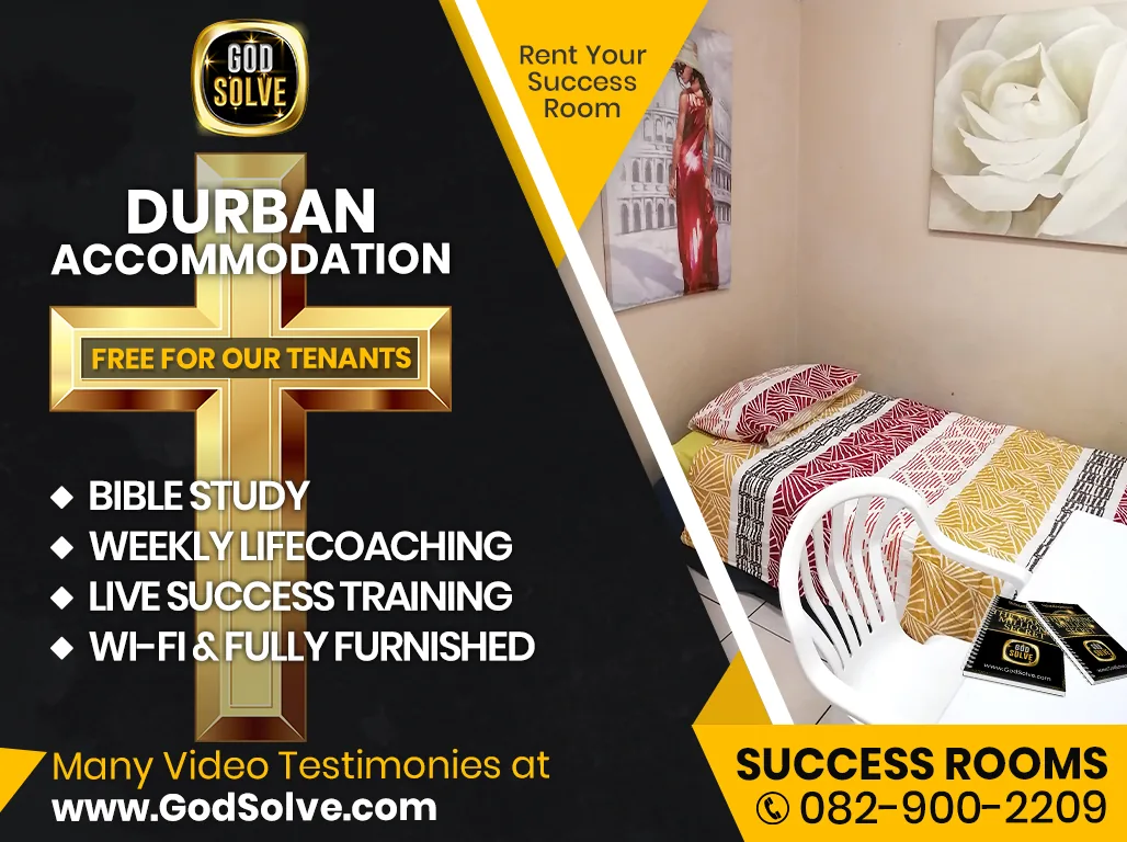 Christian accommodation in Durban for professionals — Godsolve faith-centred furnished rooms with Bible study, coaching, and peaceful community