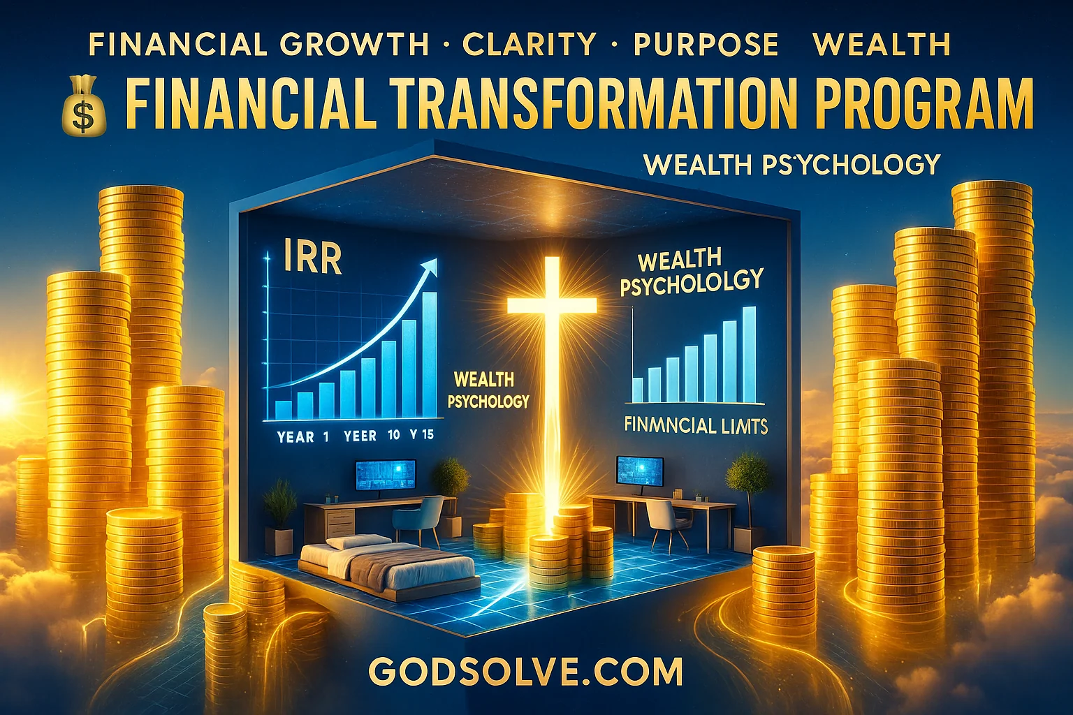 Financial Transformation Program at Godsolve with IRR exponential growth, wealth psychology graphs and golden coin stacks