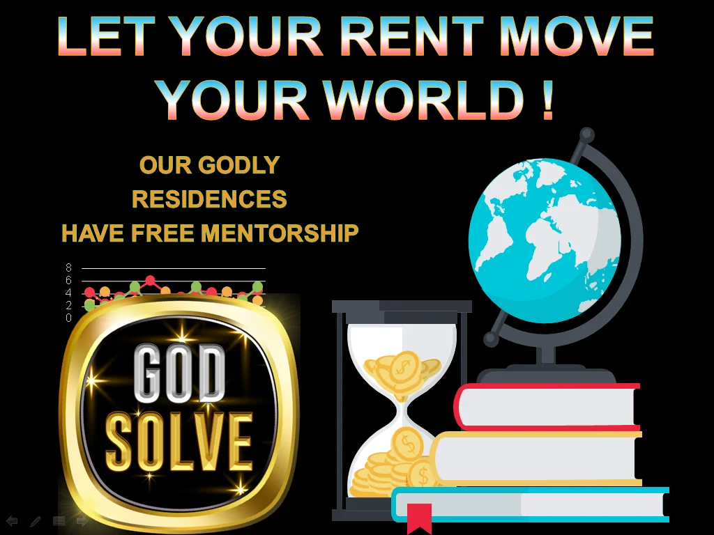 The Godsolve emblem beside a globe, books and an hourglass filled with coins with the headline Let your rent move your world