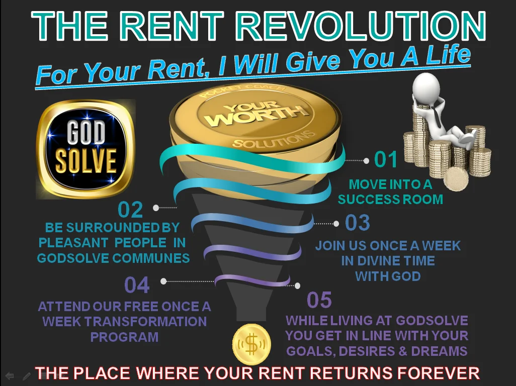 Infographic titled the rent revolution showing a funnel of outcomes where rent returns as life value through weekly sessions