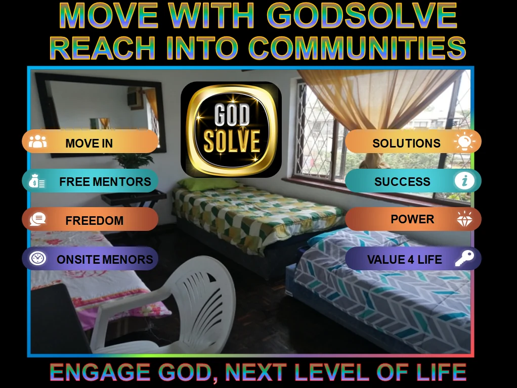 Godsolve infographic with a tidy room photo highlighting mentoring, discipline, and purpose-driven living
